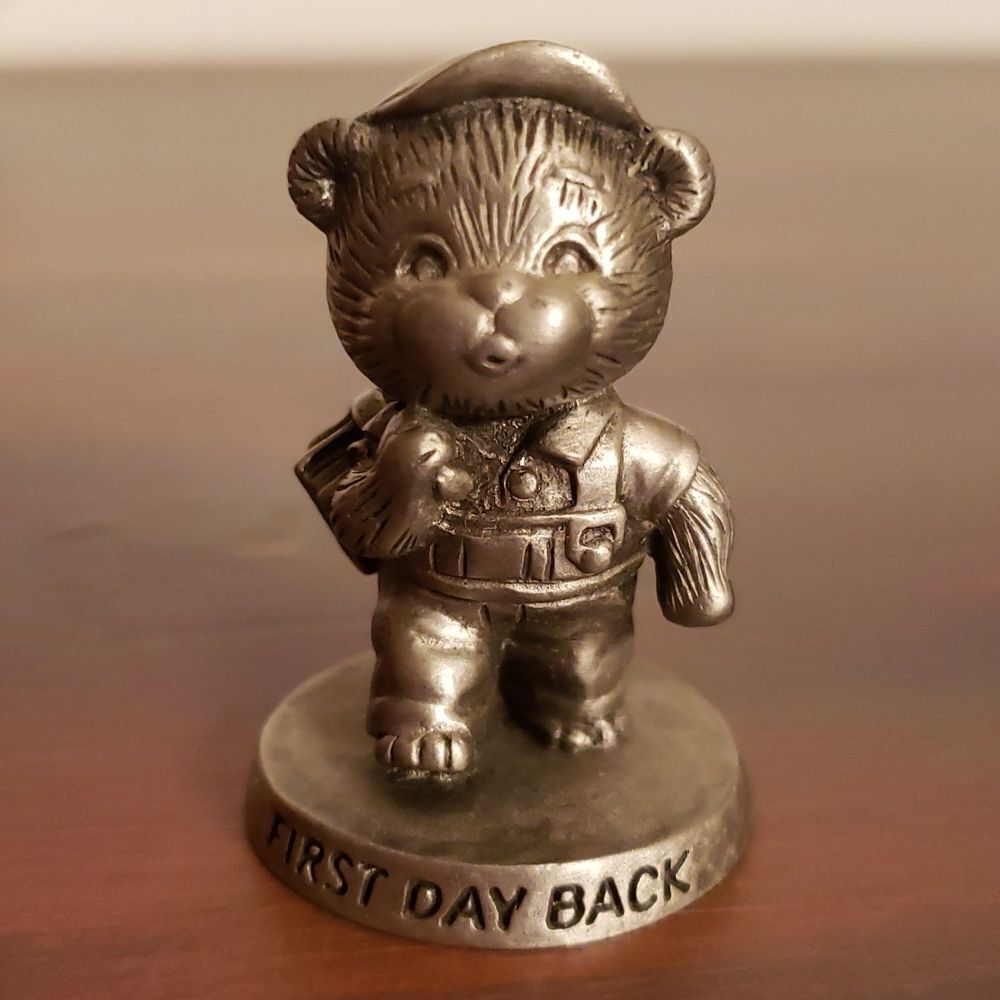 Vintage Avon "First Day Back "Small Pewter Figurine Bear with Schoolbooks (1983)